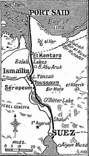 1915 map of the Suez Canal published in the London Times on February 8, 1915